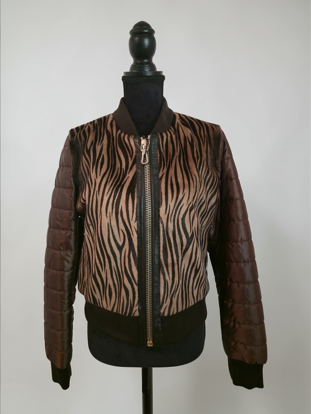 Brown Zebra-Print Bomber Jacket with Quilted Sleeves